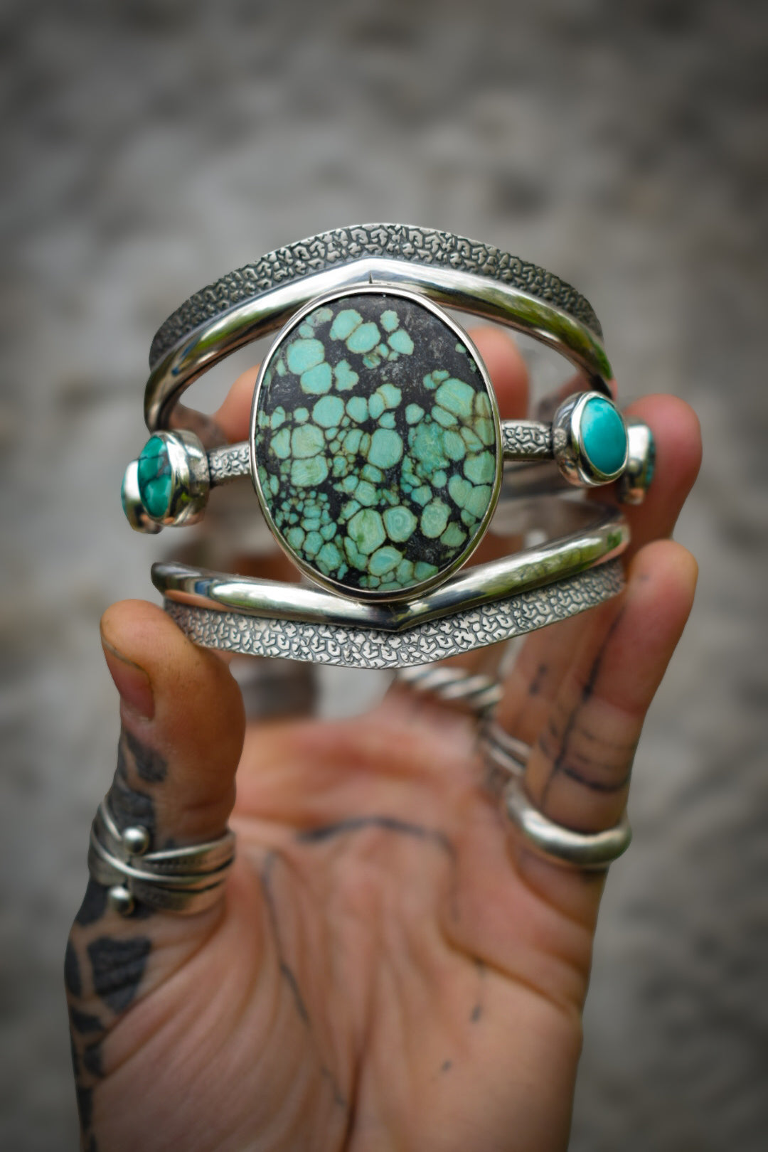 MELTING-POT - Bracelet manchette en Argent & Turquoises Hubei