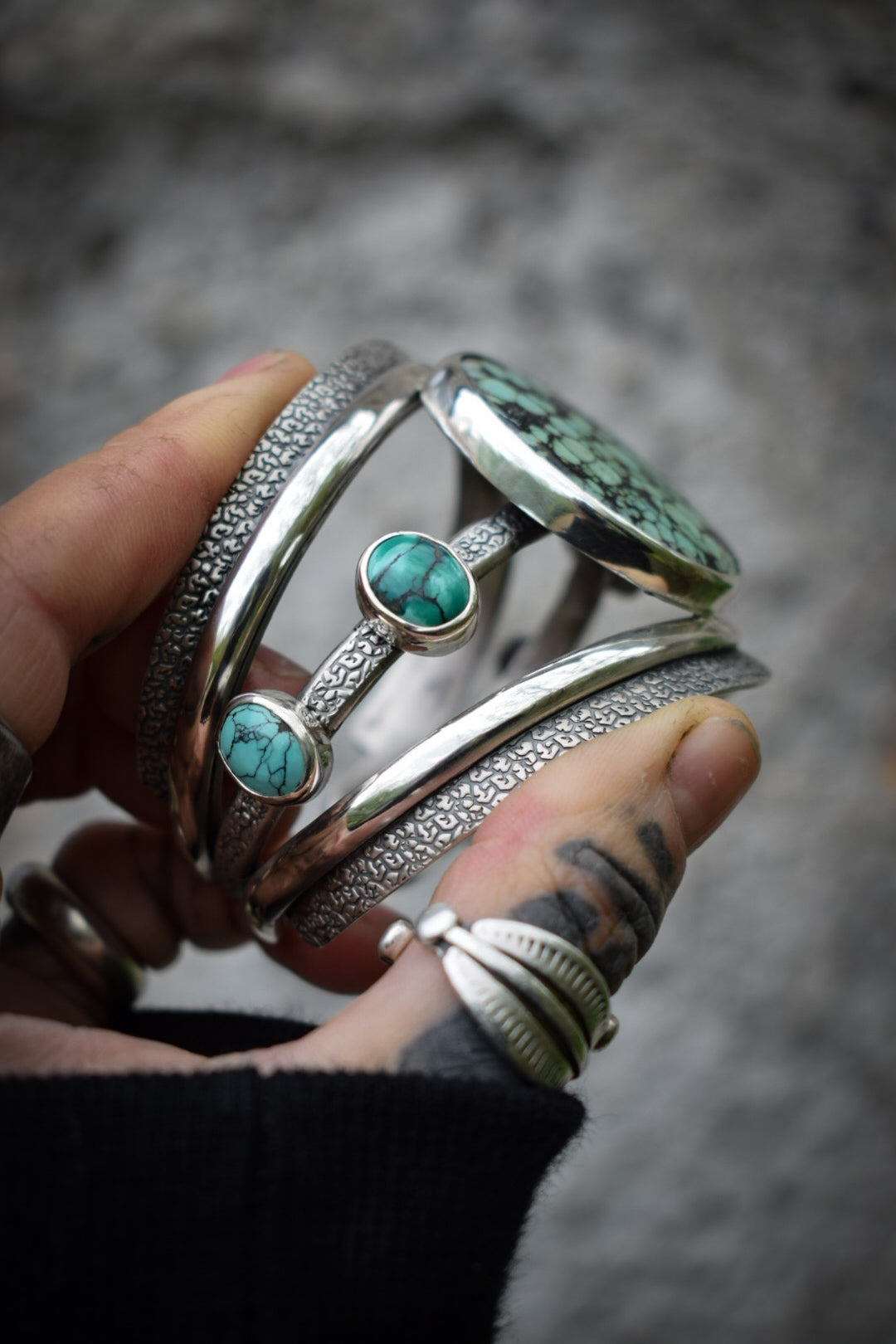 MELTING-POT - Bracelet manchette en Argent & Turquoises Hubei