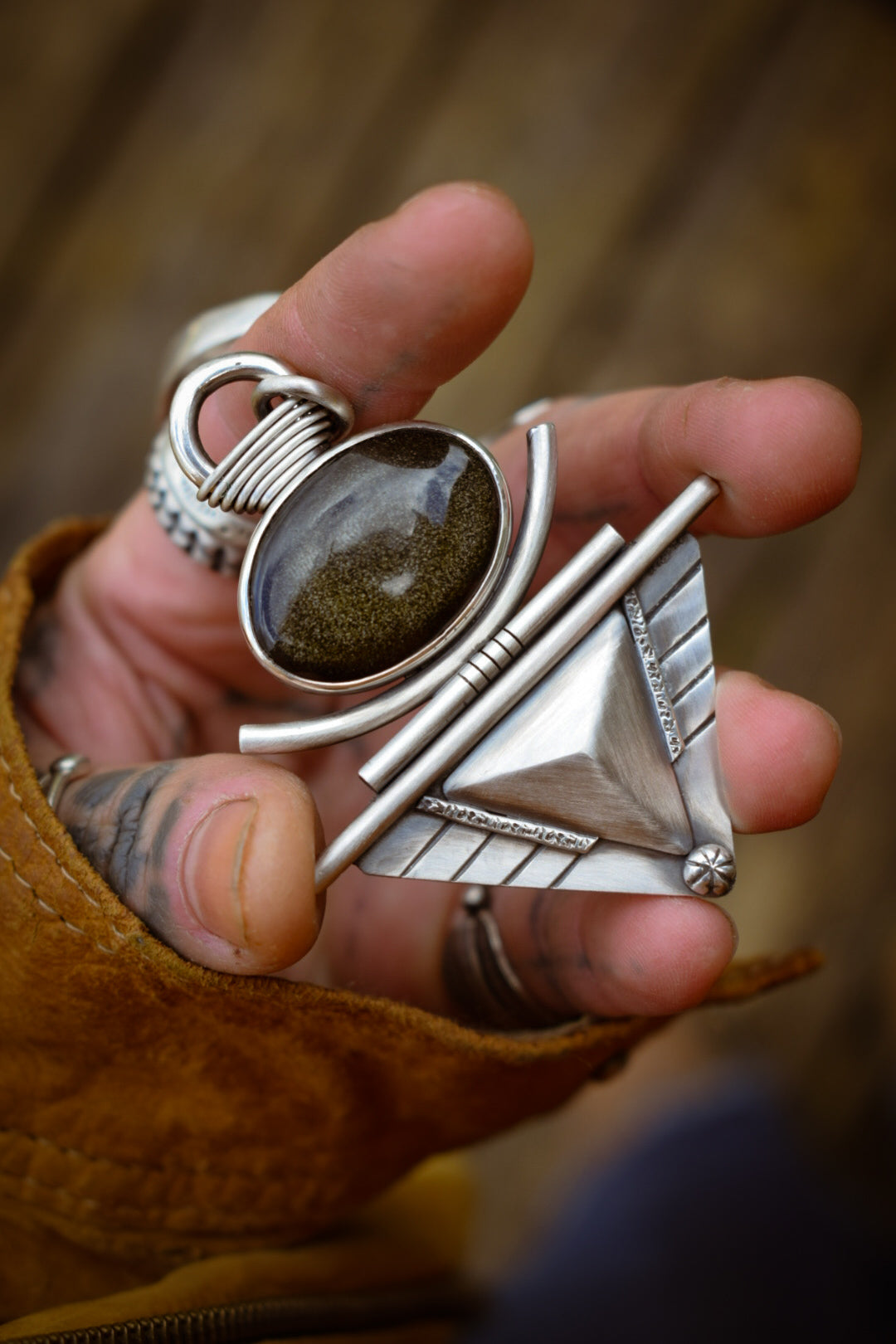 PAILLETTES - Pendentif en Argent & Obsidienne dorée