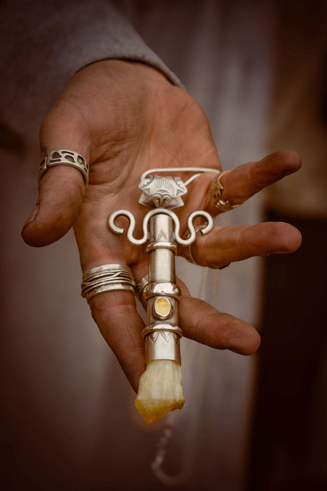 TOTEM - Pendentif en Argent, Citrine & Quartz des Cévennes