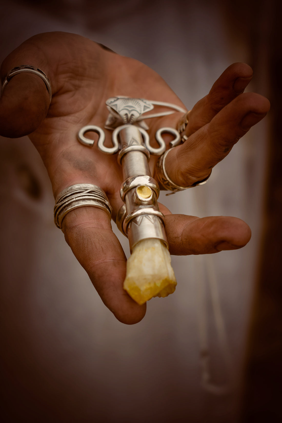 TOTEM - Pendentif en Argent, Citrine & Quartz des Cévennes