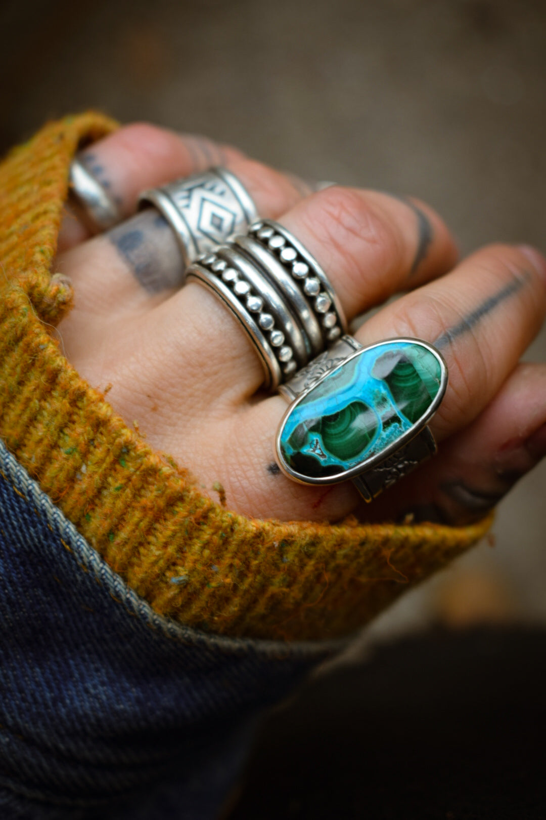 MELTING-POT - Bague T56,5 en Argent & Chrysocolle Malachite