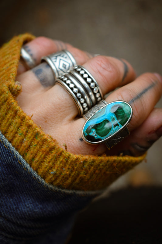 MELTING-POT - Bague T56,5 en Argent & Chrysocolle Malachite