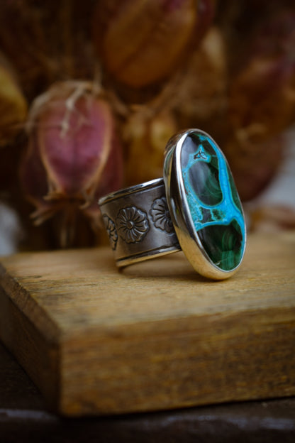 MELTING-POT - Bague T56,5 en Argent & Chrysocolle Malachite