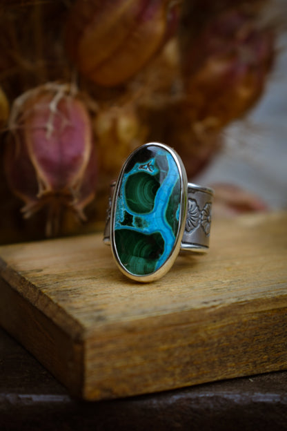 MELTING-POT - Bague T56,5 en Argent & Chrysocolle Malachite