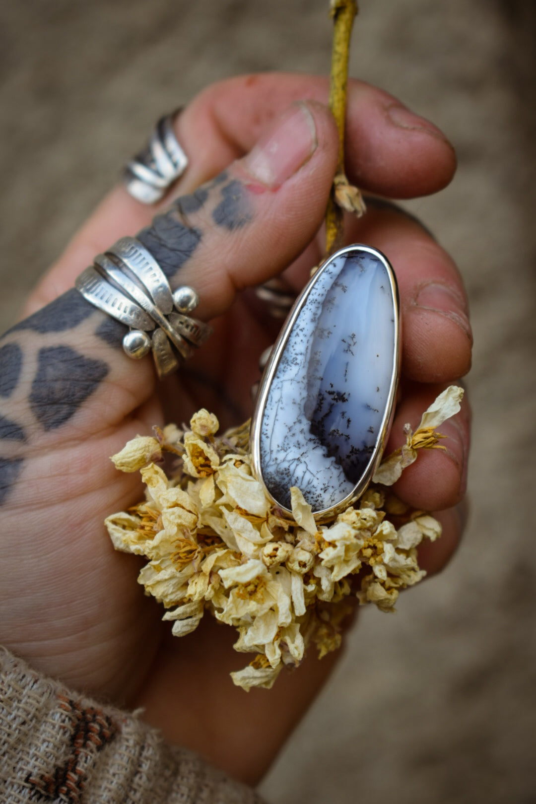 DENDRITE - Bague T56 en Argent & Agate Dendritique