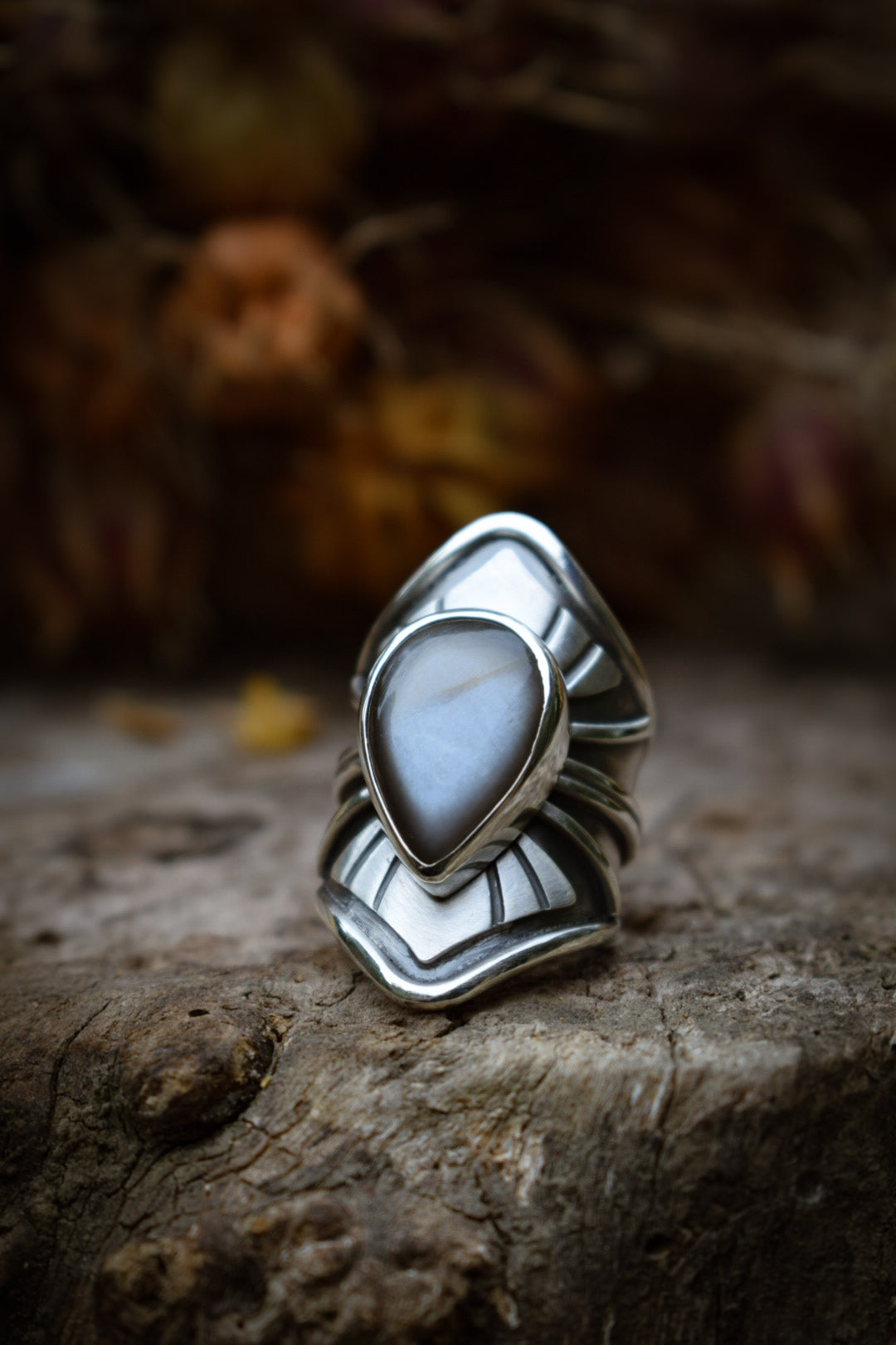 LUNAIRE - Bague réglable Pierre de Lune adulaire grise