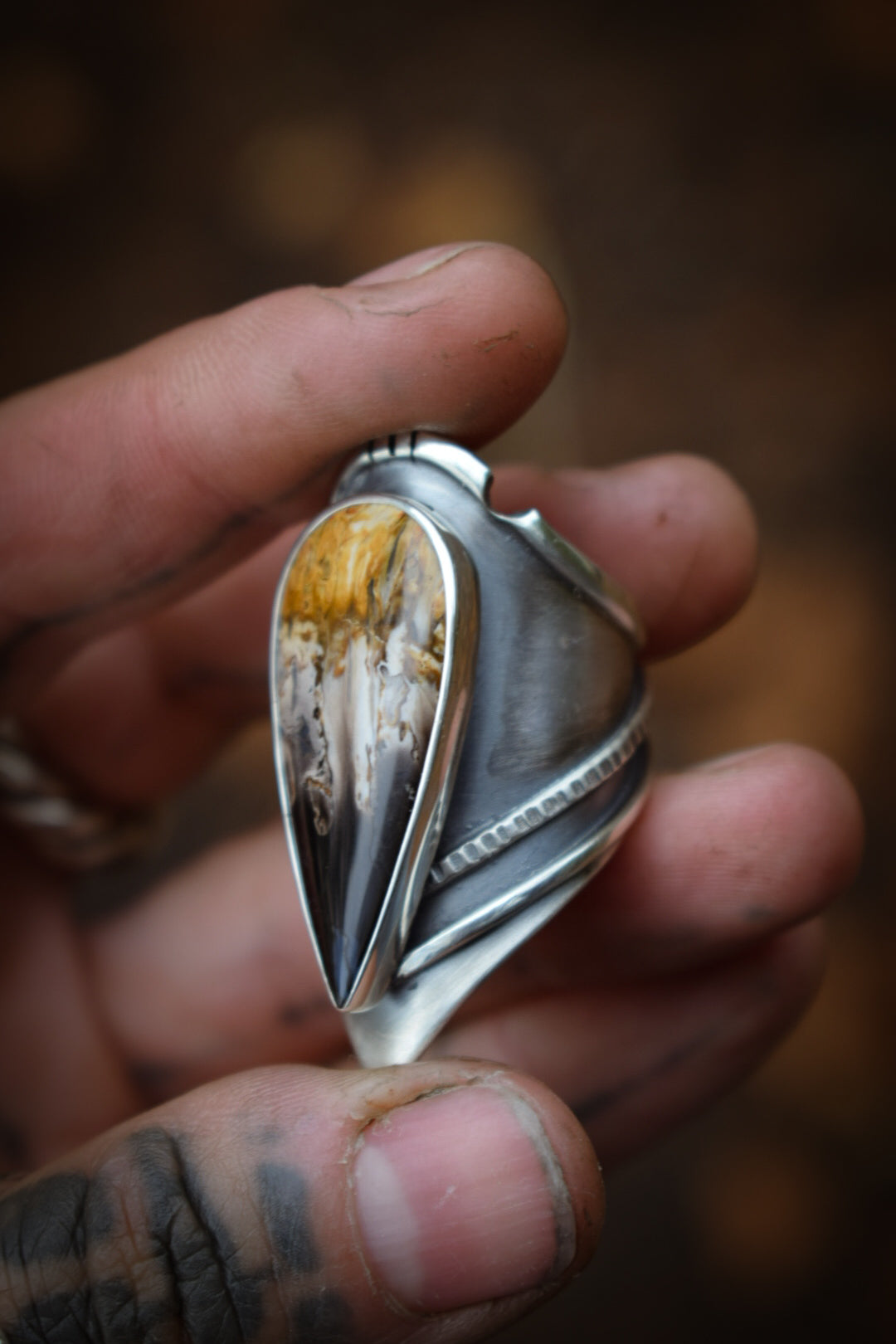 PALMROOT - Bague réglable Bois pétrifié de racine de Palmier