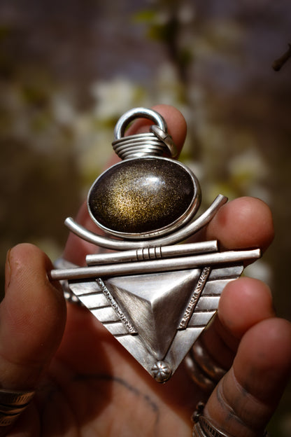 PAILLETTES - Pendentif en Argent & Obsidienne dorée