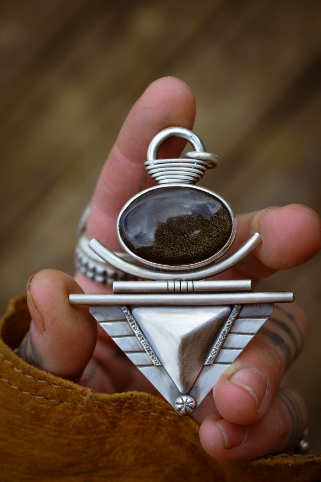 PAILLETTES - Pendentif en Argent & Obsidienne dorée